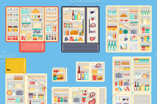 Open refrigerator products vector