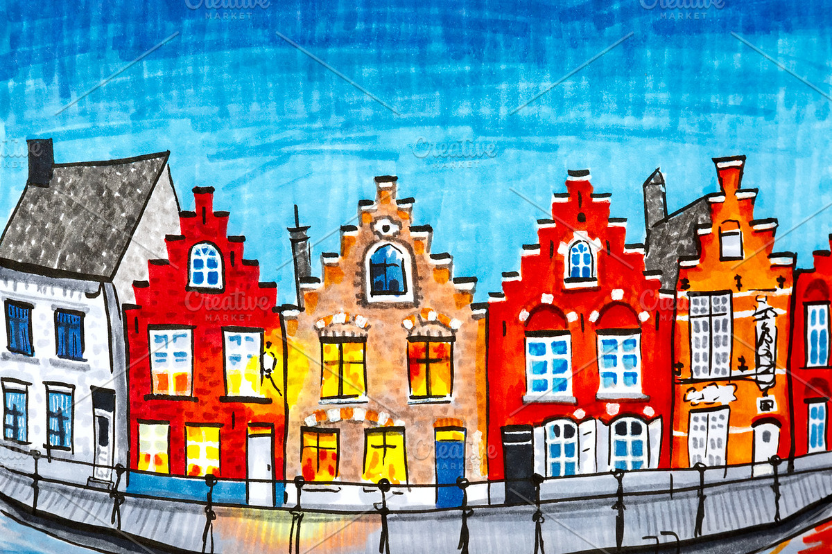 Scenic city view of Bruges canal with beautiful houses in Illustrations - product preview 8