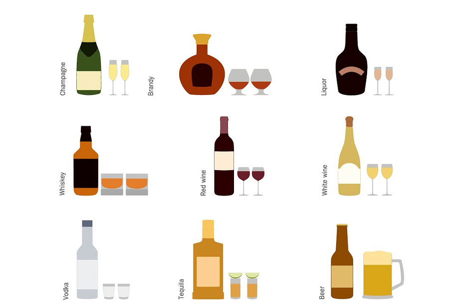 Alcohol bottles with glasses icons in Illustrations - product preview 8