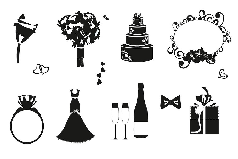 Wedding black and white icons set