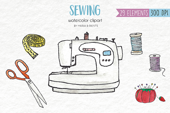 Watercolor Clip Art - Sewing in Illustrations - product preview 1