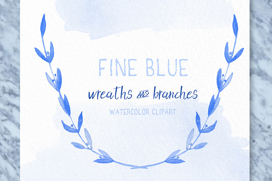 Blue wreath and branches. watercolor