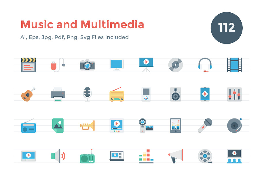 112 Flat Music and Multimedia Icons