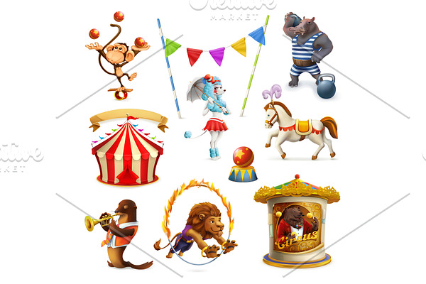Circus, lion, monkey, poodle, hippo