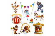 Circus, lion, monkey, poodle, hippo