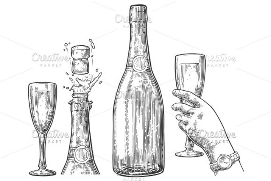 Bottle Champagne explosion and glass in Illustrations - product preview 8