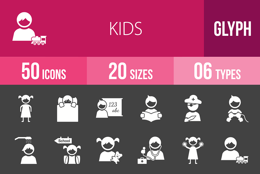 50 Kids Glyph Inverted Icons