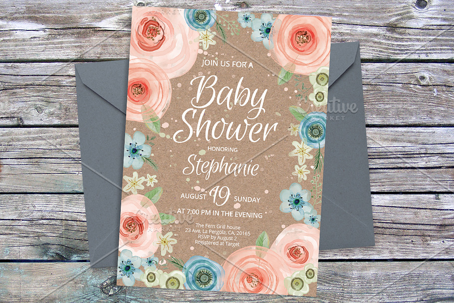 Watercolor invitation template 14 in Card Templates - product preview 8