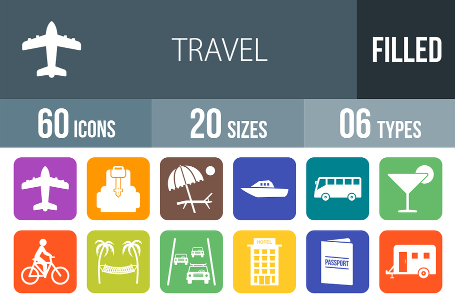 60 Travel Flat Round Corner Icons