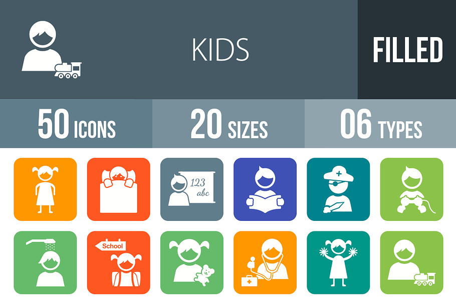 50 Kids Flat Round Corner Icons
