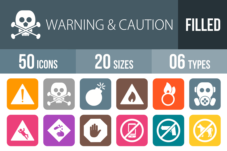 50 Warning Flat Round Corner Icons