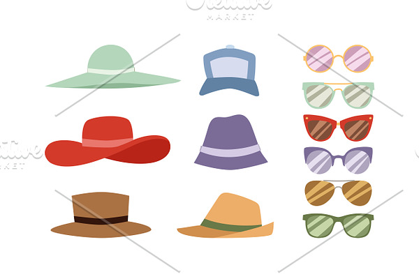 Hats and sunglasses vector set