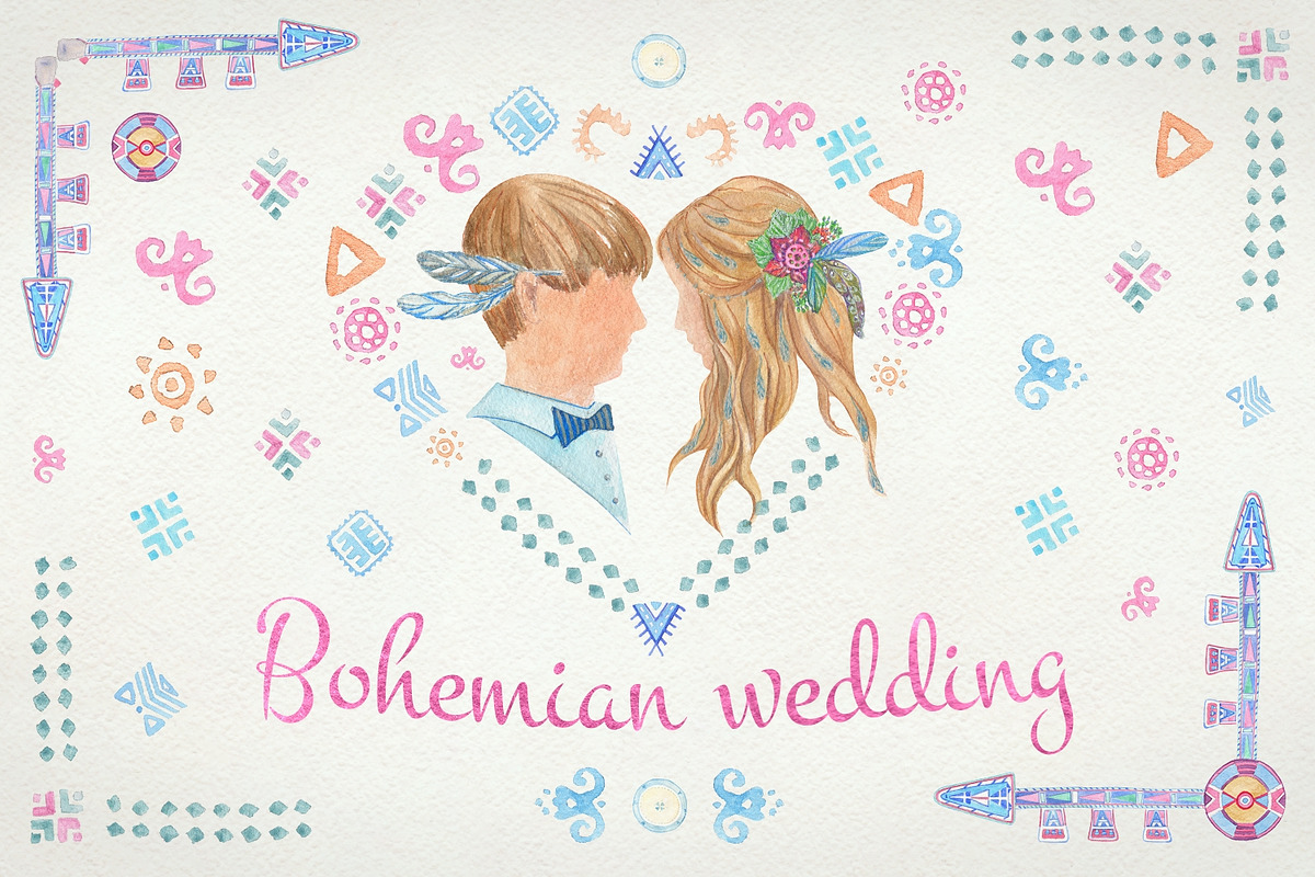 Watercolor Bohemian wedding in Illustrations - product preview 8