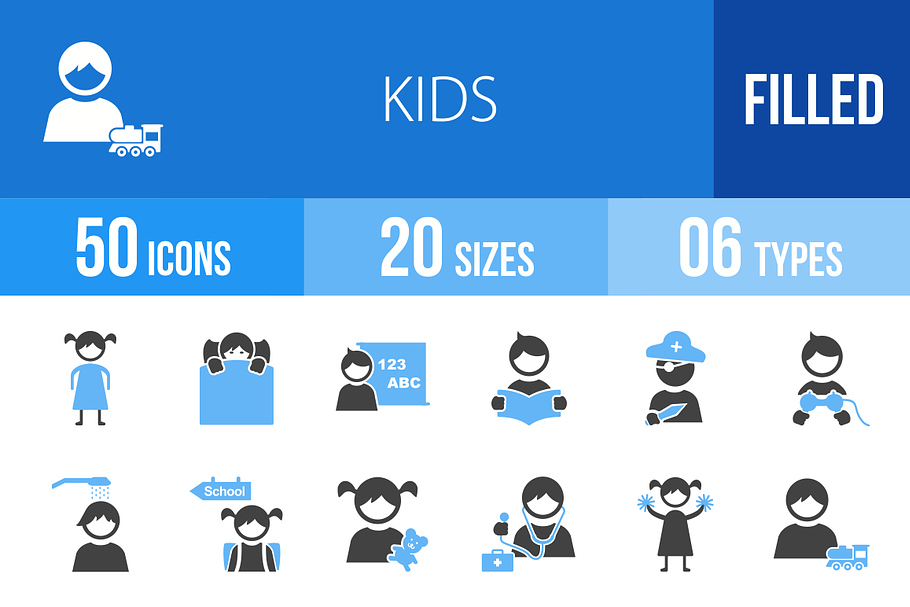 50 Kids Blue & Black Icons in Graphics - product preview 8