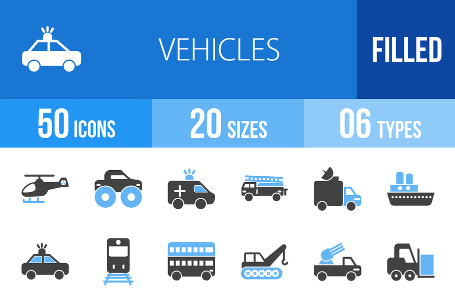 50 Vehicles Blue & Black Icons