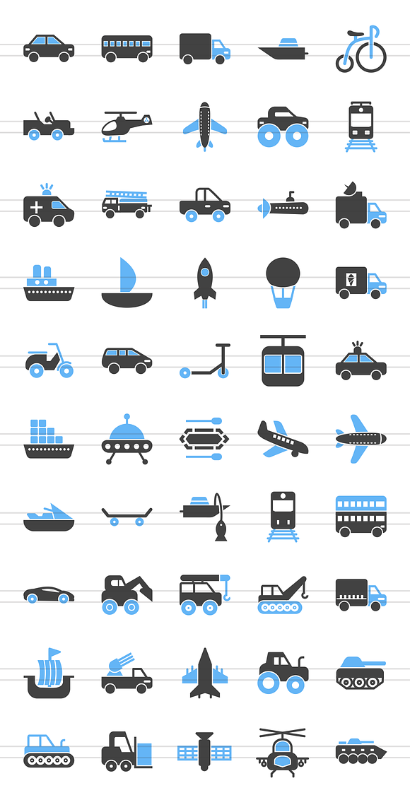 50 Vehicles Blue & Black Icons in Graphics - product preview 1