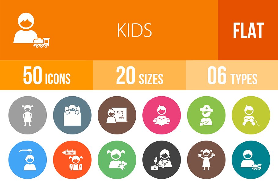 50 Kids Flat Round Icons in Graphics - product preview 8