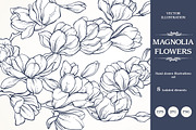 Linear vector magnolia flowers set