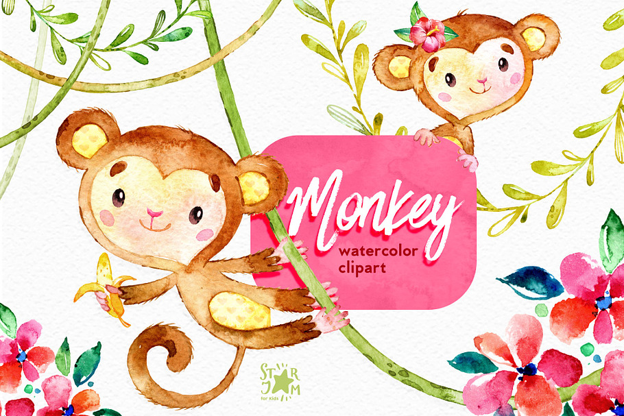 Monkey. Watercolour clip art. in Illustrations - product preview 8