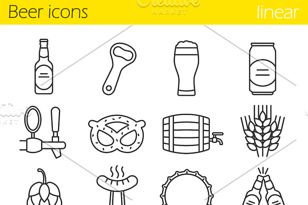Beer. 16 linear icons set. Vector