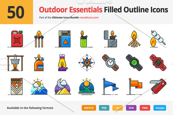 50 Outdoor Essentials Filled Icons
