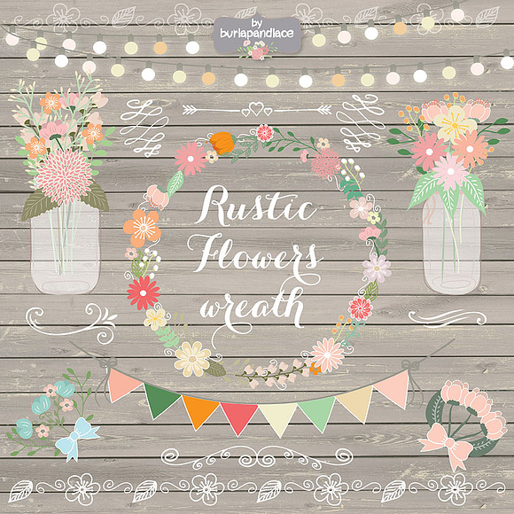 Rustic/Retro flower wreath clipart in Illustrations - product preview 1
