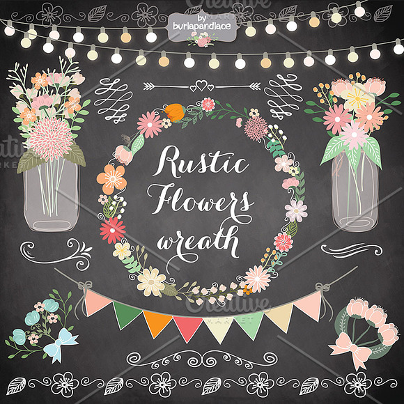 Rustic/Retro flower wreath clipart in Illustrations - product preview 2