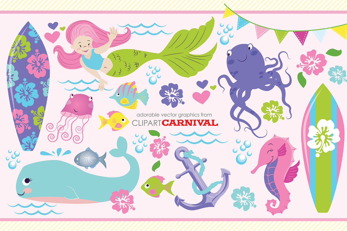 Girly Little Mermaid Clip Art Set in Illustrations - product preview 8