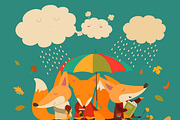 Foxes sitting under umbrella on log