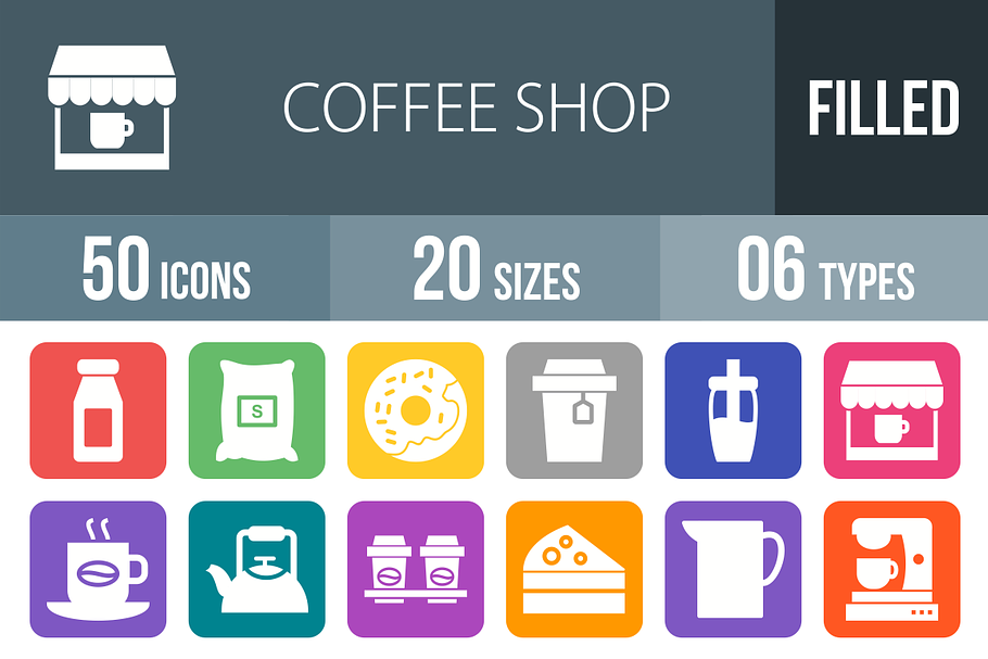 50 Coffee Flat Round Corner Icons