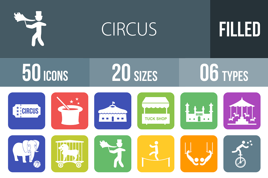 50 Circus Flat Round Corner Icons