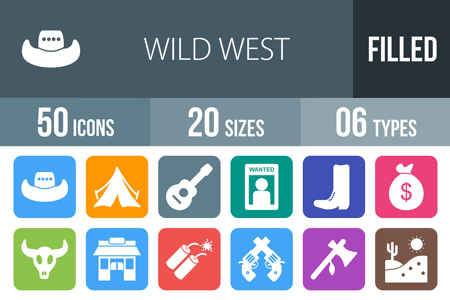 50 Wild West Flat Round Corner Icons