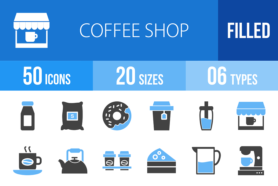 50 Coffee Shop Blue & Black Icons in Graphics - product preview 8