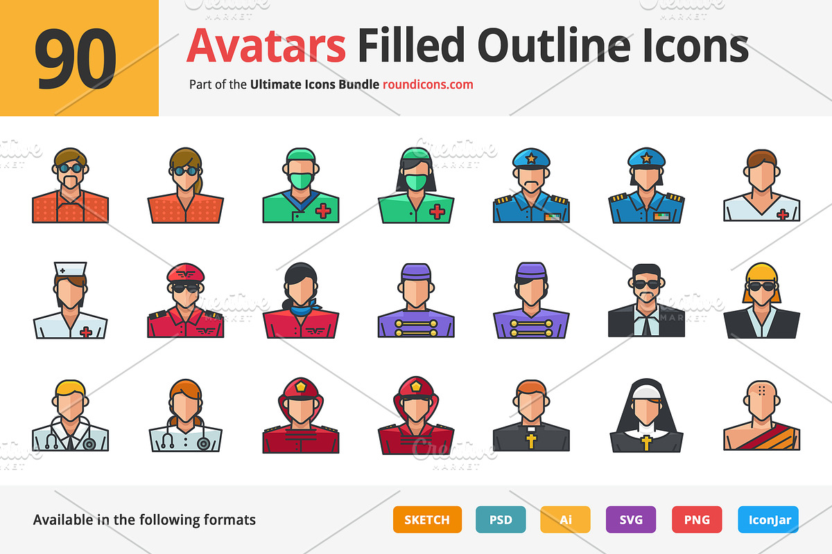 90 Avatars Filled Outline Icons in Icons - product preview 8