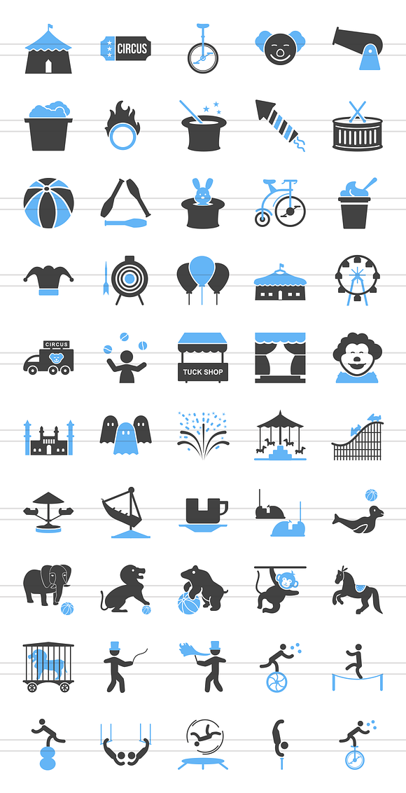 50 Circus Blue & Black Icons in Graphics - product preview 1