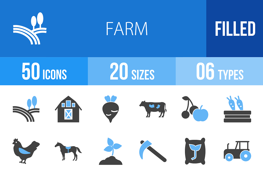 50 Farm Blue & Black Icons