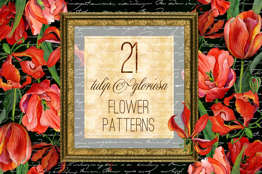 Tulip & gloriosa watercolor patterns in Patterns - product preview 8