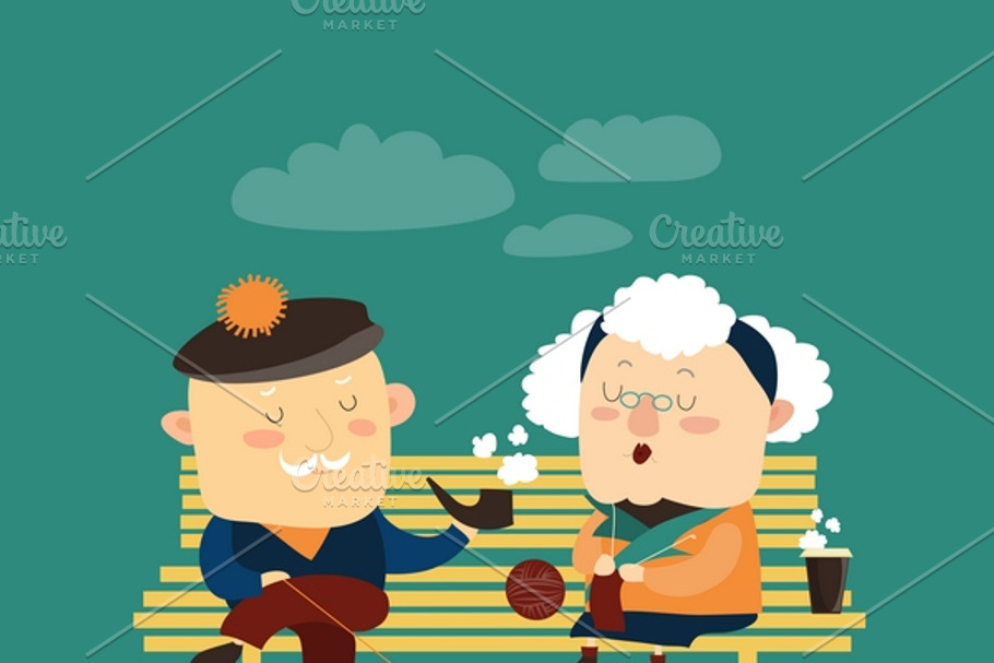 Old couple sitting on bench in Illustrations - product preview 8