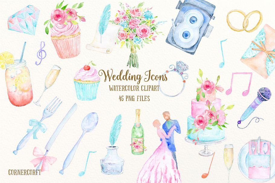 Watercolor Clipart Wedding Icons in Illustrations - product preview 8