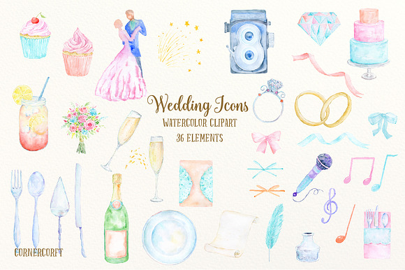 Watercolor Clipart Wedding Icons in Illustrations - product preview 1