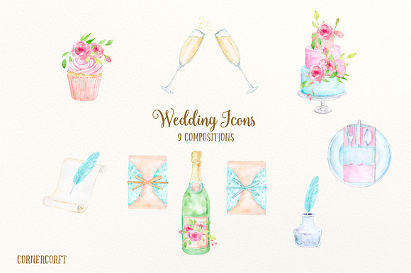 Watercolor Clipart Wedding Icons in Illustrations - product preview 2