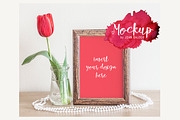 Wooden Frame With Tulip Mockup