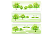 Green nature summer banners. Vector.