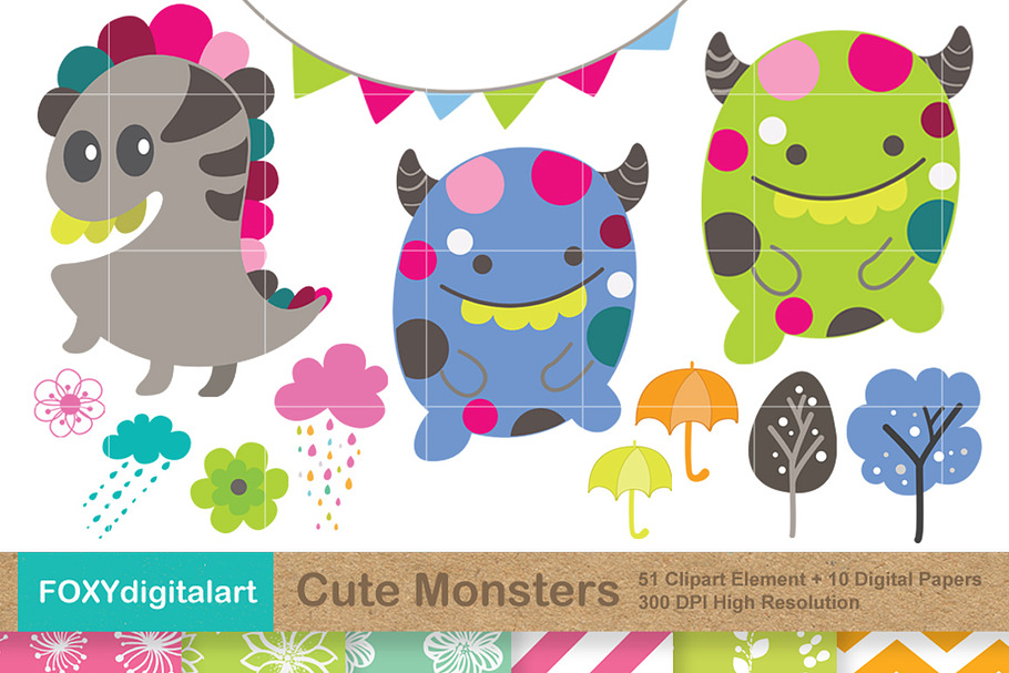 Cute Monsters Clipart and 10 Papers in Patterns - product preview 8
