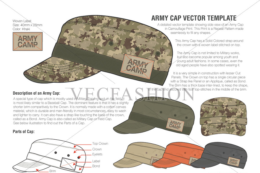Olive Green Army Cap Vector Template in Illustrations - product preview 8