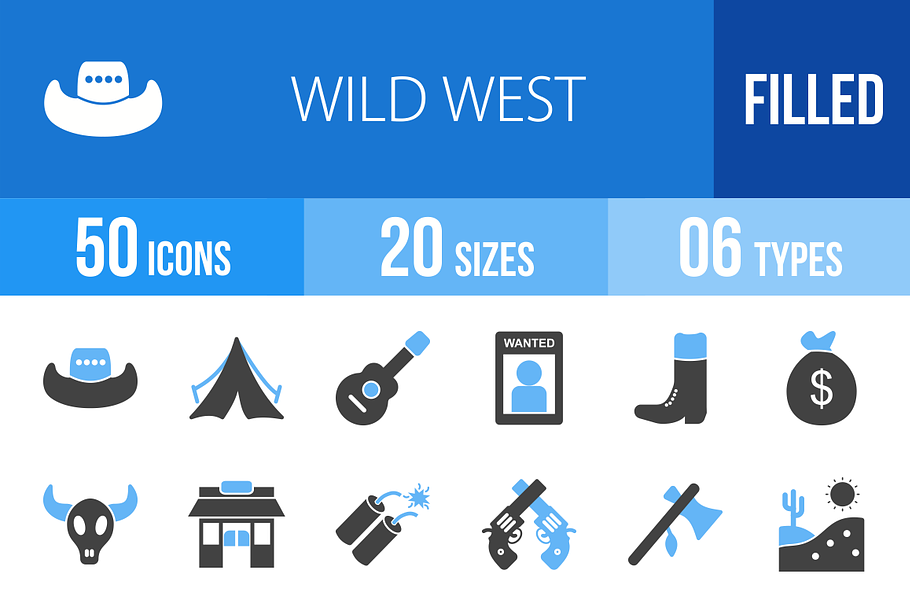 50 Wild West Blue & Black Icons