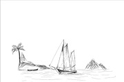 boat and sea, sketch style, vector
