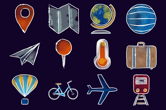 Ink and Watercolor Travel Icons in Icons - product preview 1