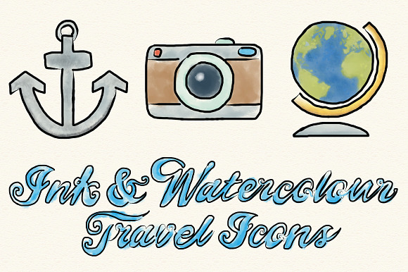 Ink and Watercolor Travel Icons in Icons - product preview 2