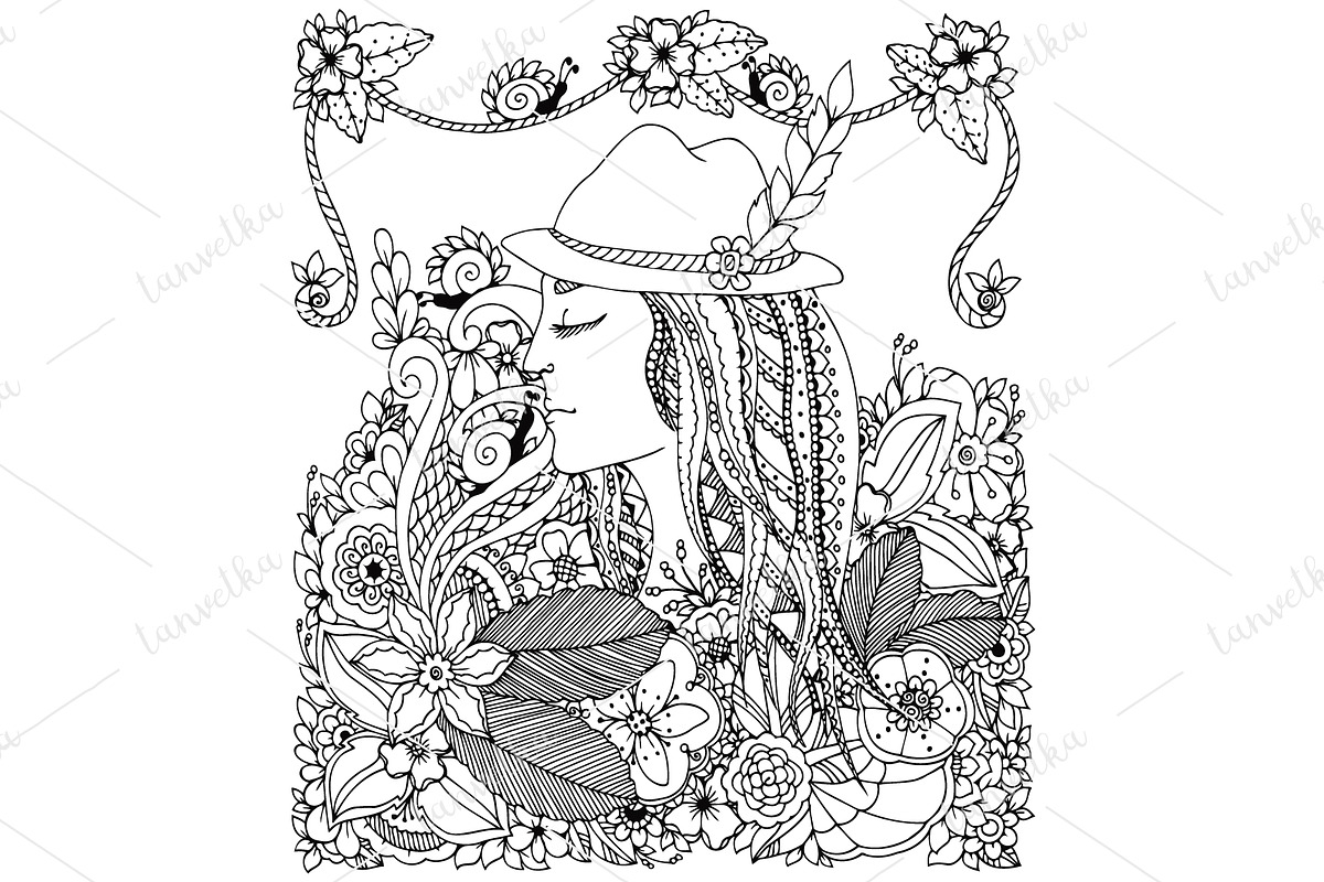 Doodle girl in hat and flowers. in Illustrations - product preview 8